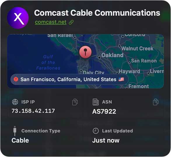 ISP details panel showing provider info and connection type