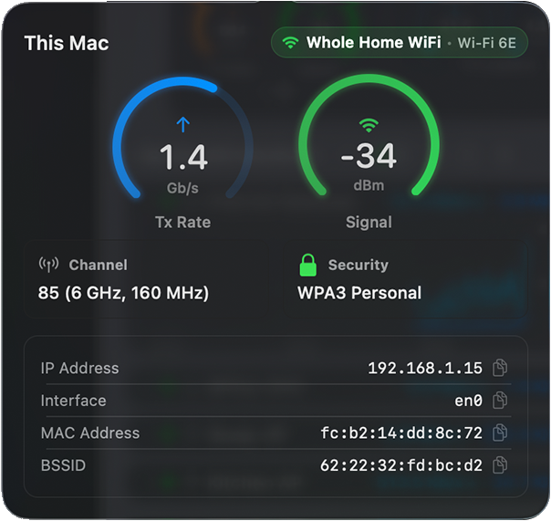 Wi-Fi Intelligence panel showing signal and channel details