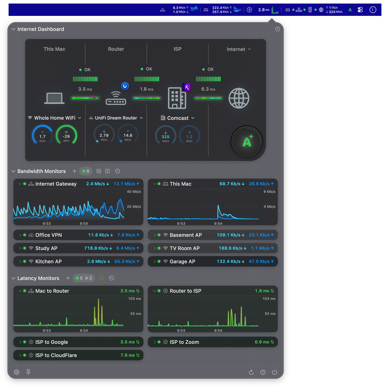 PeakHour menu bar integration showing live network stats and dropdown dashboard